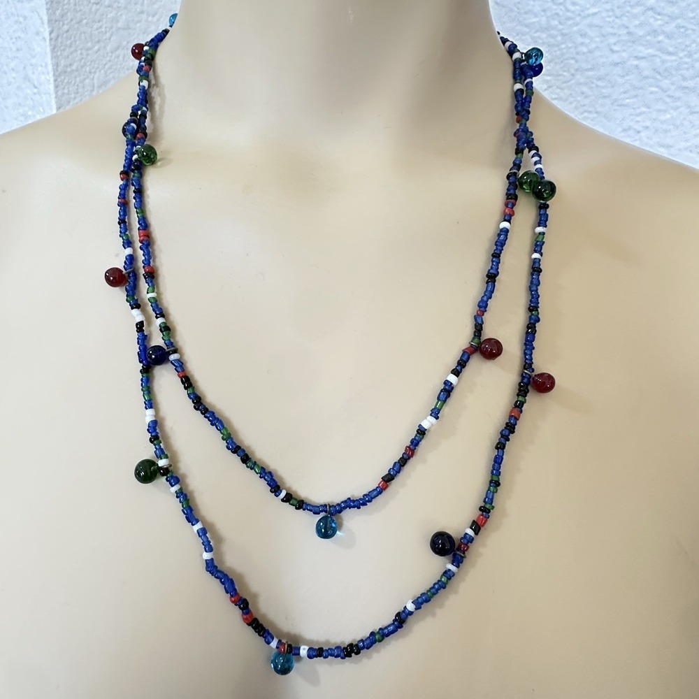 Vintage Artisan Beaded Necklace‎ 44 Inch Bohemian Seed Bead Multicolor Glass